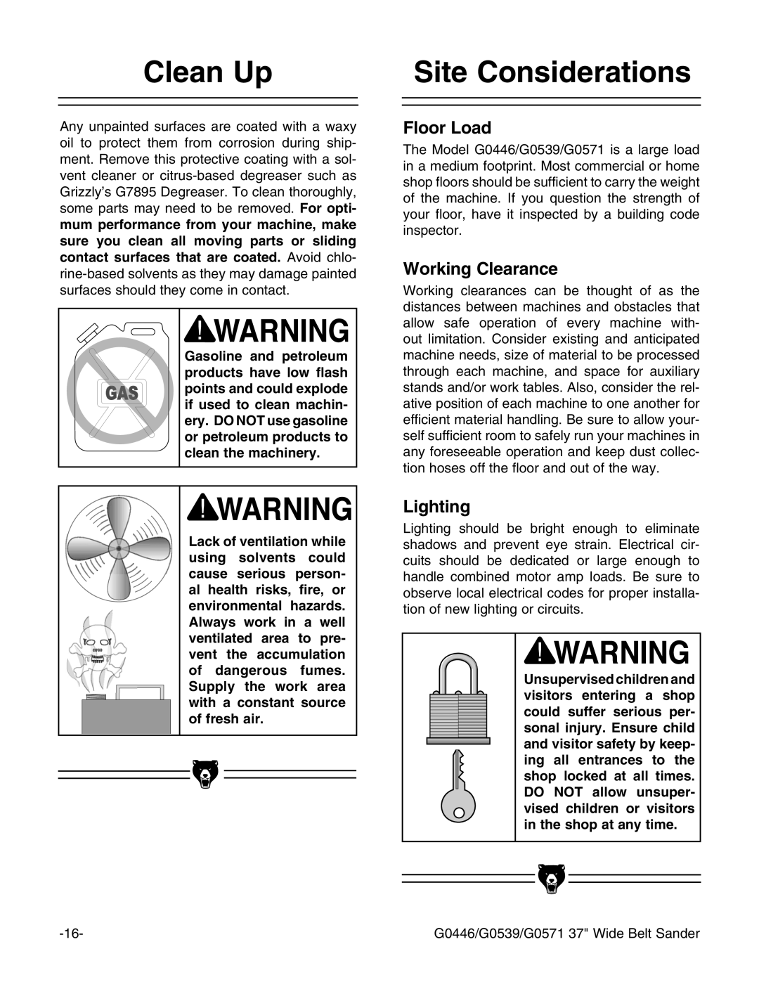 Grizzly G0539, G0446 manual #LEAN 5P, 3ITE #ONSIDERATIONS 