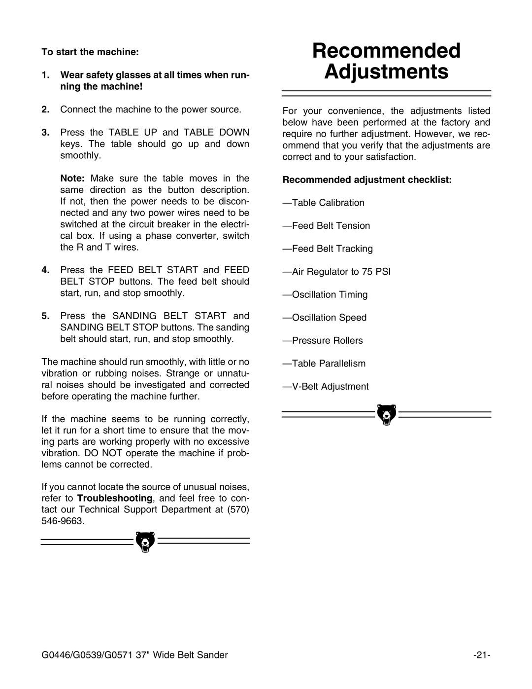 Grizzly G0446, G0539 2ECOMMENDED Djustments, 4O STARTATHEHMACHINE, Ning THEHMACHINE, 2ECOMMENDEDMADJUSTMENT CHECKLIST 