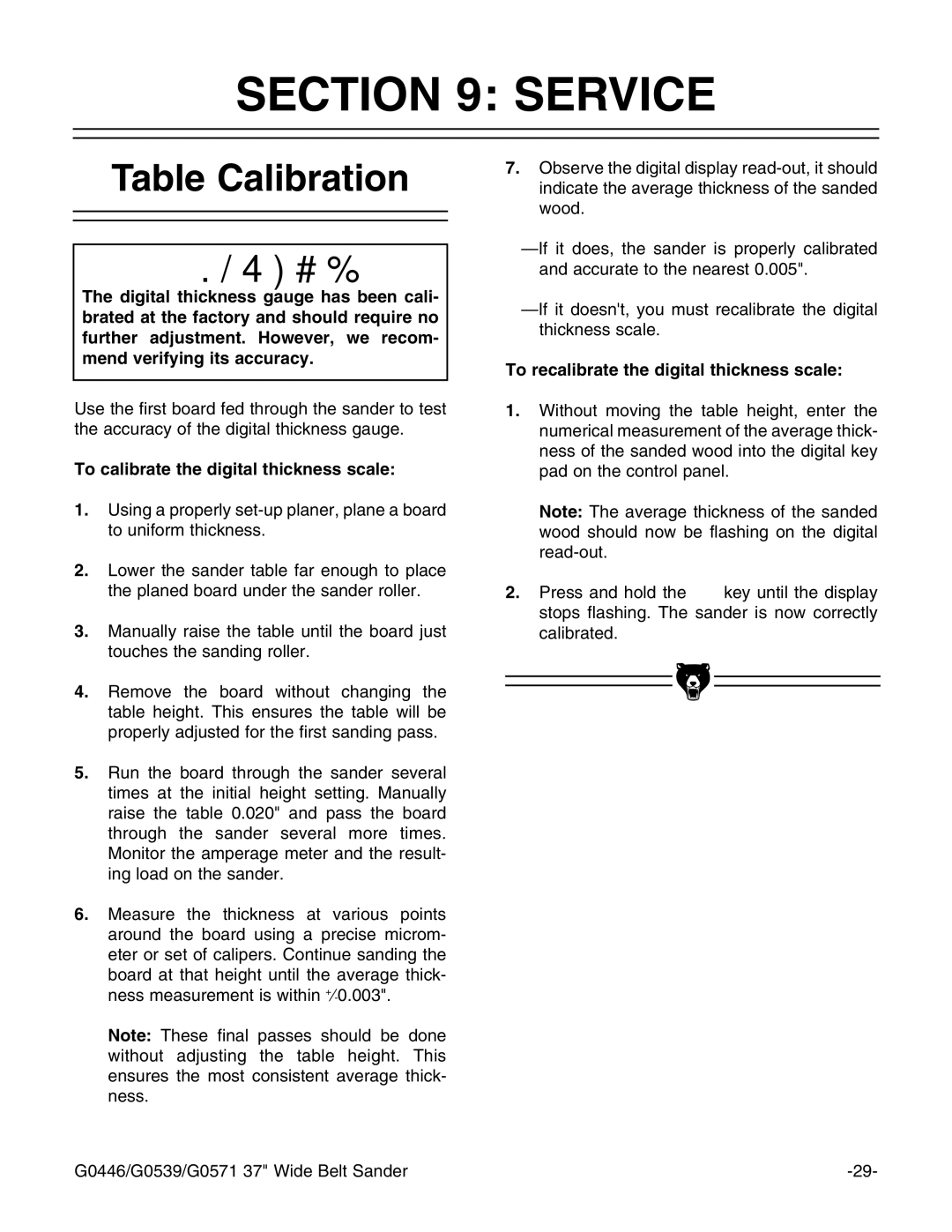 Grizzly G0446, G0539 manual #4/.  3%26#%, 4ABLE #ALIBRATION 