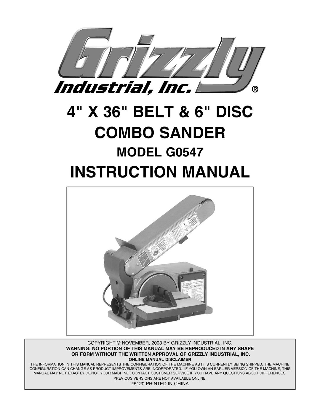 Grizzly instruction manual Combo Sander, Model G0547 