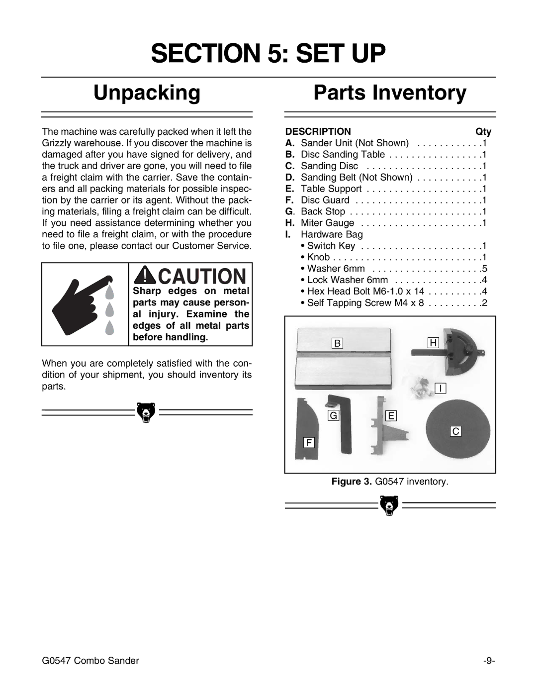 Grizzly G0547 instruction manual Set Up, Unpacking, Parts Inventory, Description, Qty 