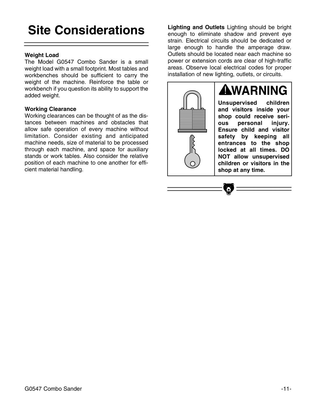 Grizzly G0547 instruction manual Site Considerations, Weight Load, Working Clearance 