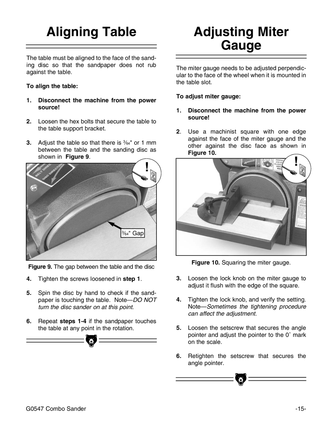 Grizzly G0547 instruction manual Aligning Table, Adjusting Miter Gauge 