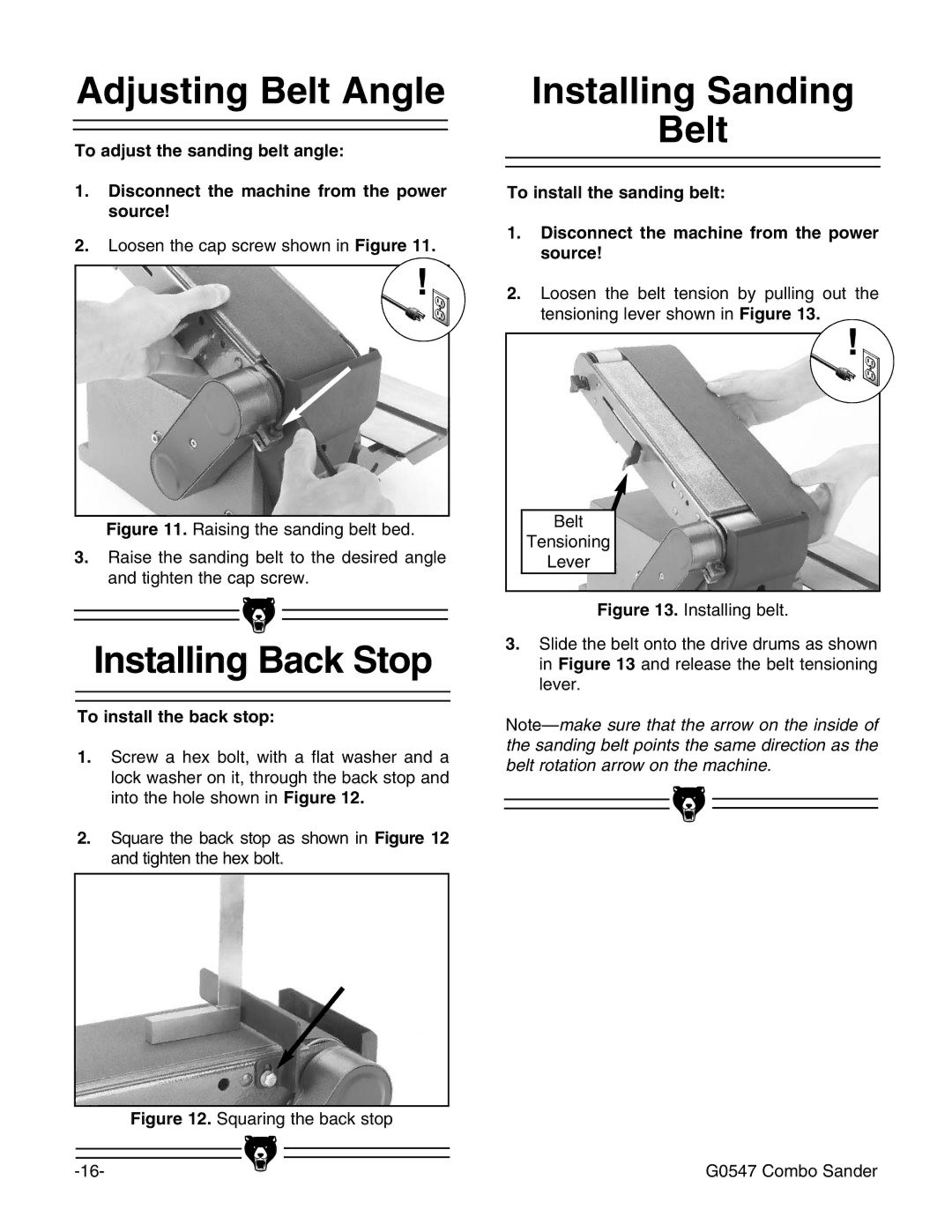 Grizzly G0547 Adjusting Belt Angle, Installing Back Stop, Installing Sanding Belt, To install the back stop 