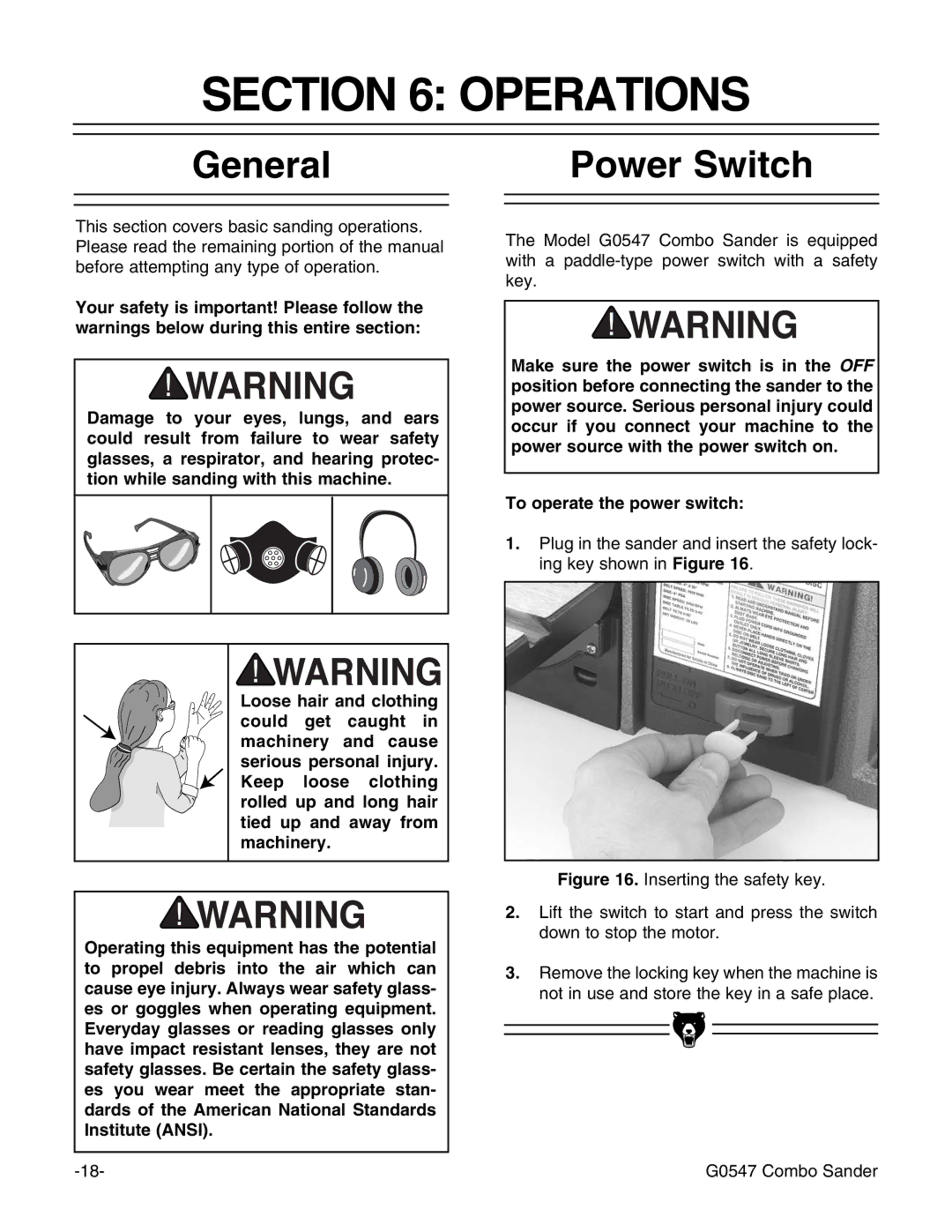 Grizzly G0547 instruction manual Operations, General Power Switch 