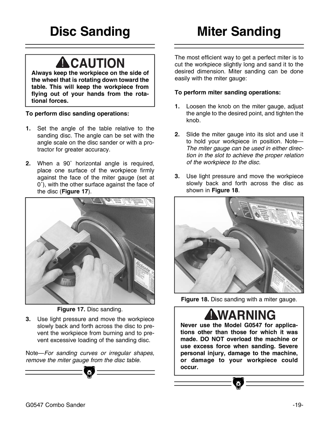 Grizzly G0547 instruction manual Disc Sanding, Miter Sanding, To perform miter sanding operations 