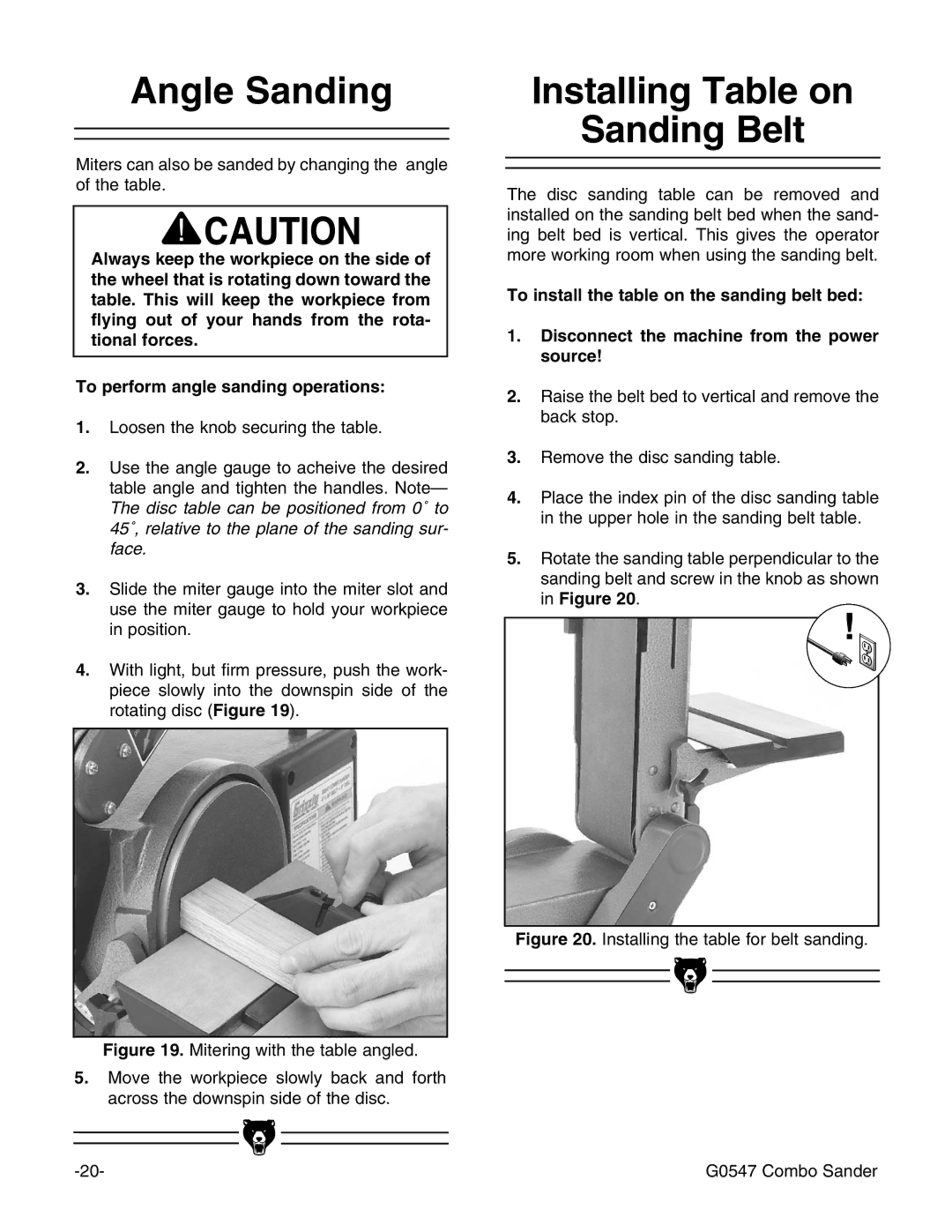 Grizzly G0547 instruction manual Angle Sanding, Installing Table on Sanding Belt 