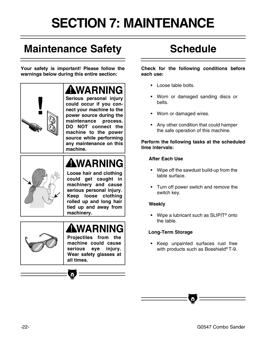 Grizzly G0547 instruction manual Maintenance Safety, Schedule 