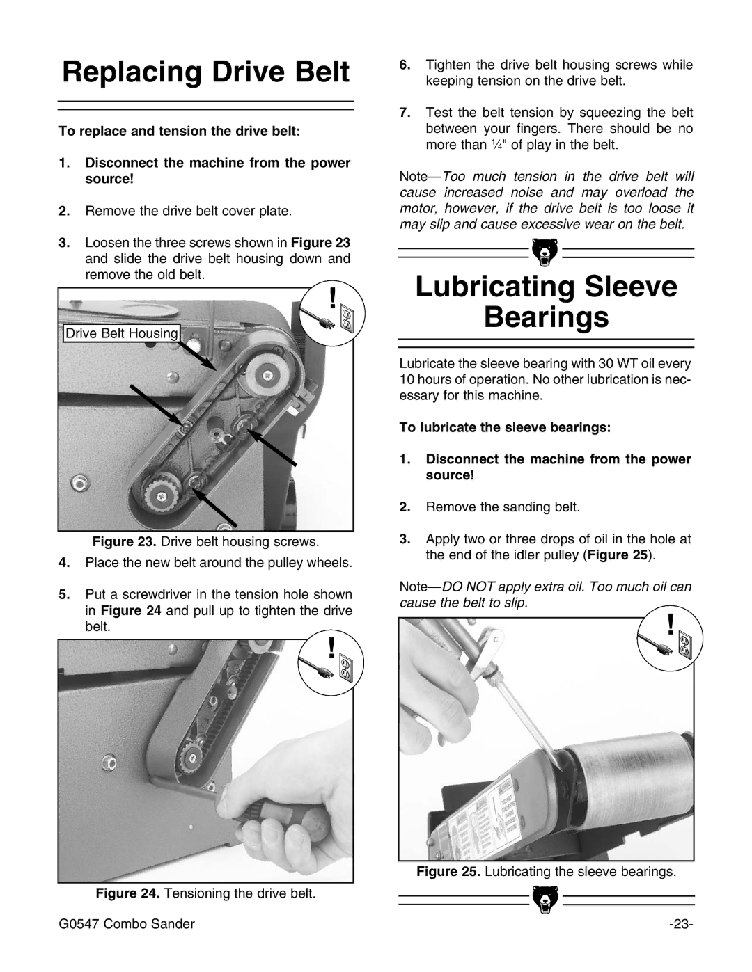 Grizzly G0547 instruction manual Replacing Drive Belt, Lubricating Sleeve Bearings 