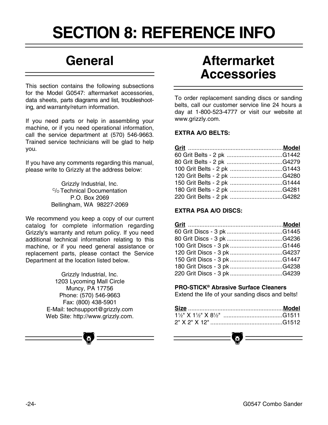 Grizzly G0547 instruction manual Reference Info, General, Aftermarket Accessories, Extra A/O Belts, Extra PSA A/O Discs 