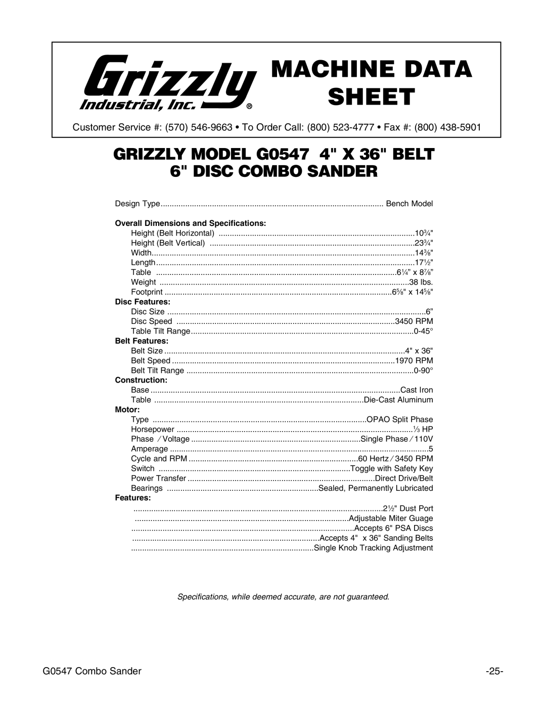 Grizzly G0547 instruction manual Machine Data Sheet 