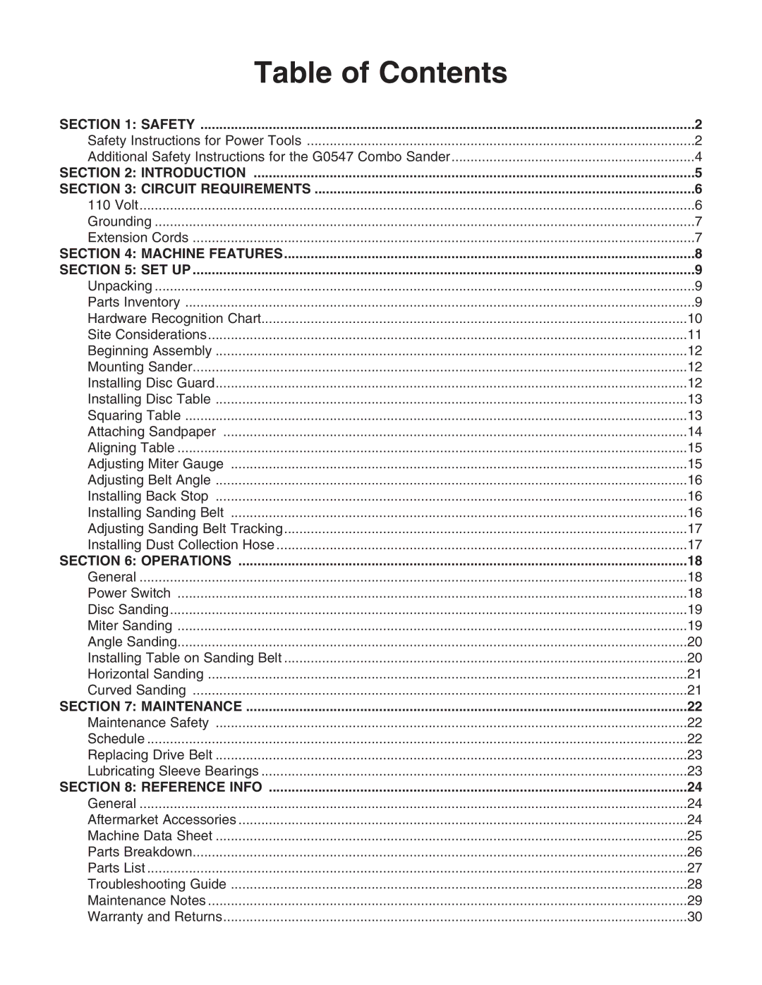 Grizzly G0547 instruction manual Table of Contents 