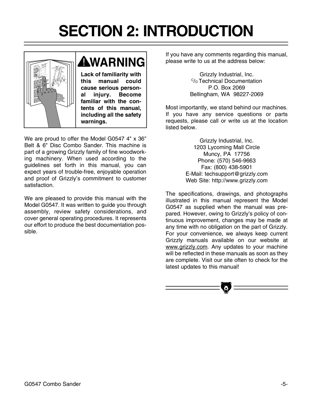 Grizzly G0547 instruction manual Introduction 