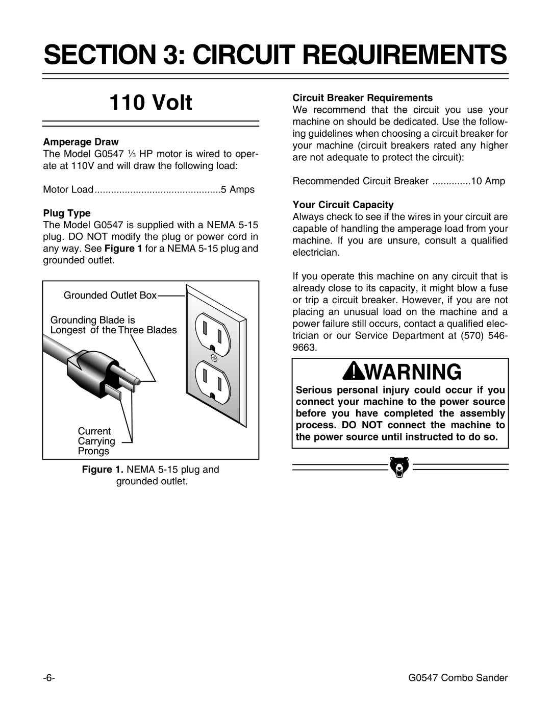 Grizzly G0547 instruction manual Circuit Requirements, Volt 