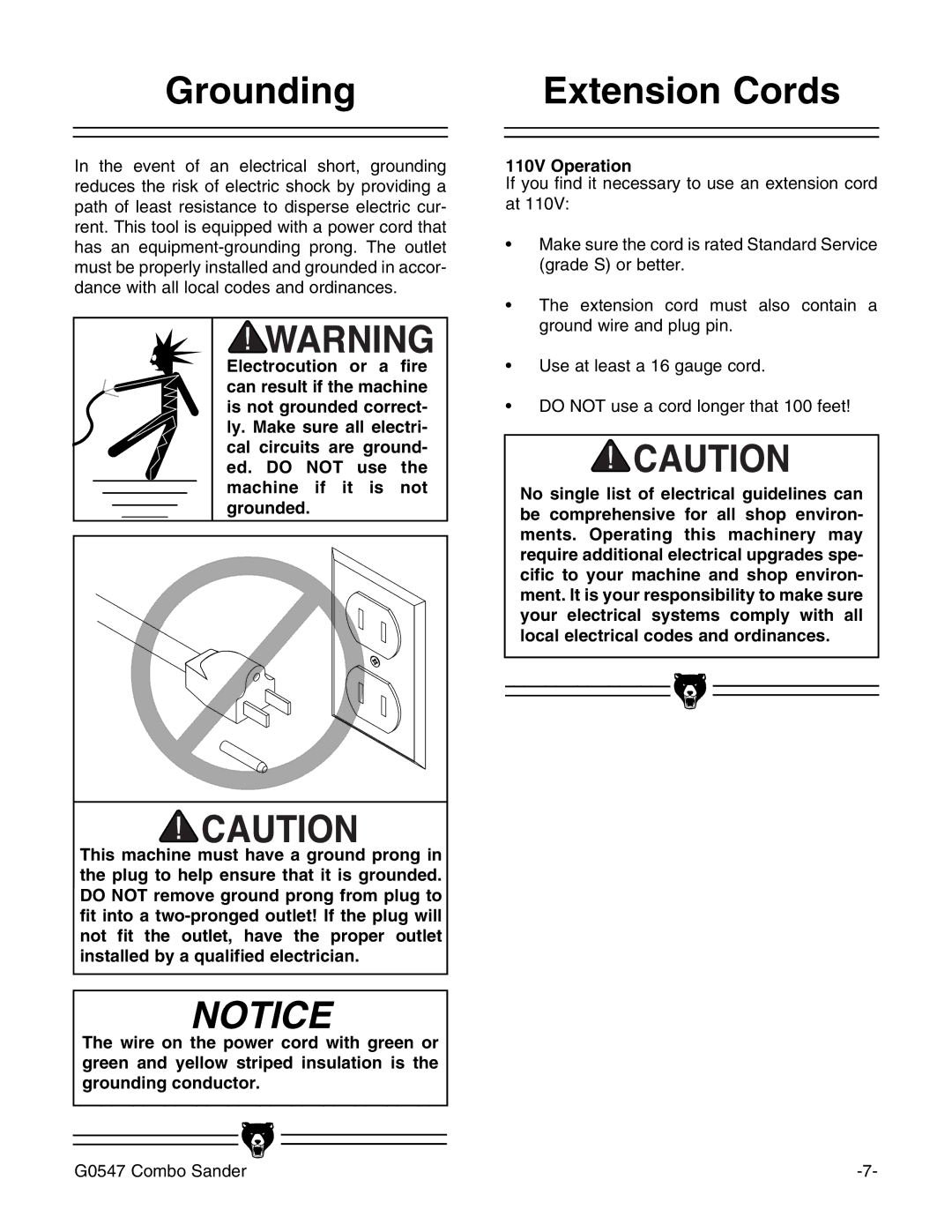 Grizzly G0547 instruction manual Grounding, Extension Cords, 110V Operation 