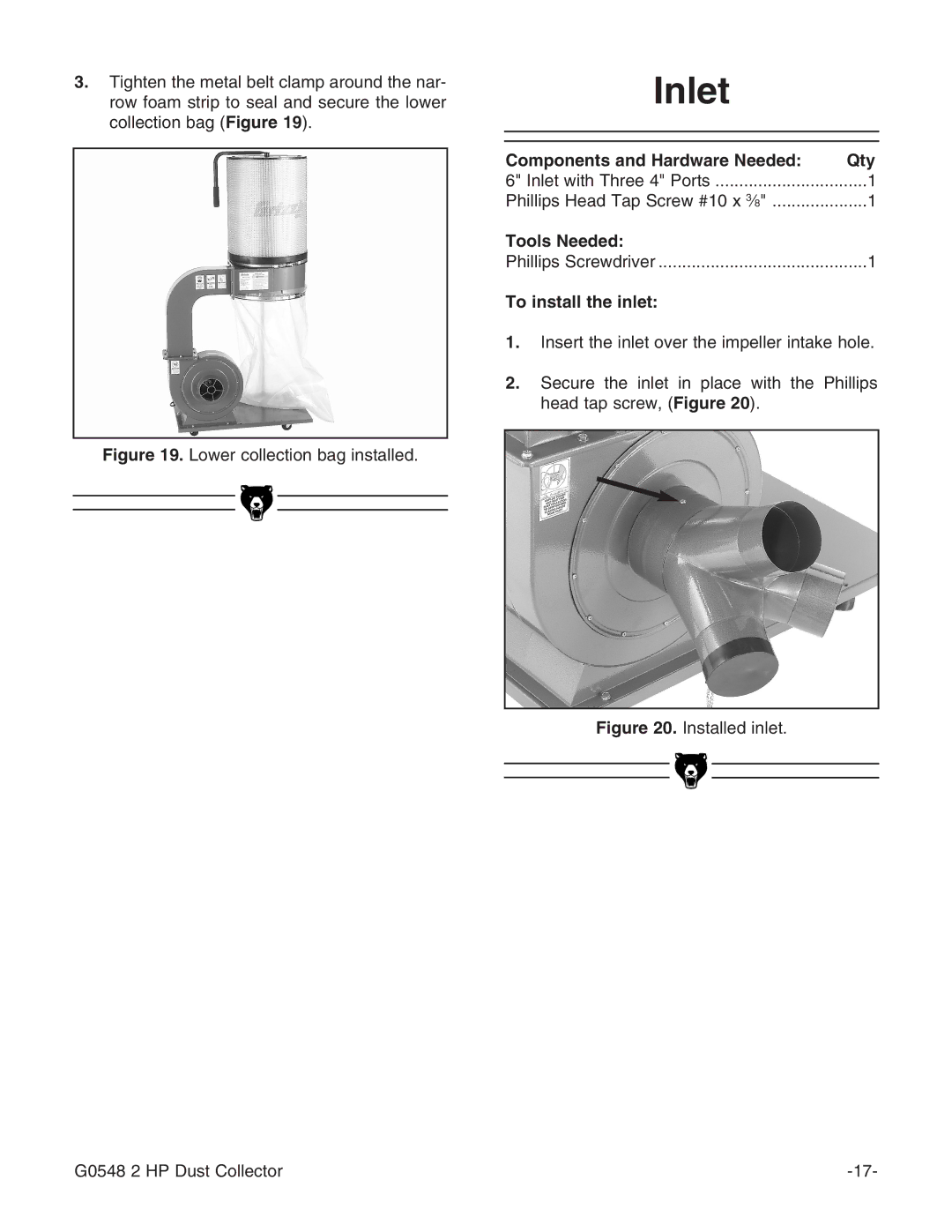 Grizzly G0548 instruction manual Inlet, To install the inlet 