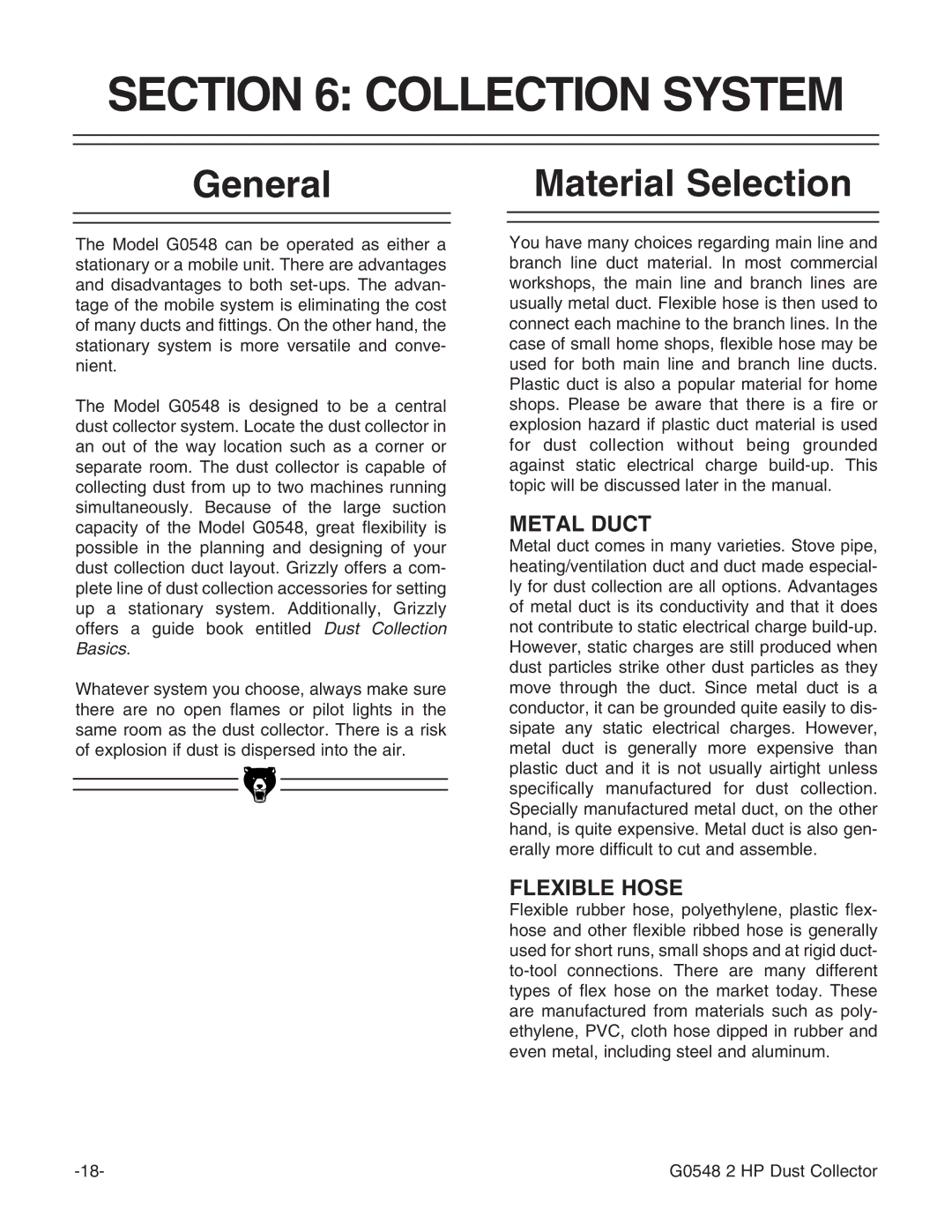 Grizzly G0548 instruction manual Collection System, General, Material Selection 