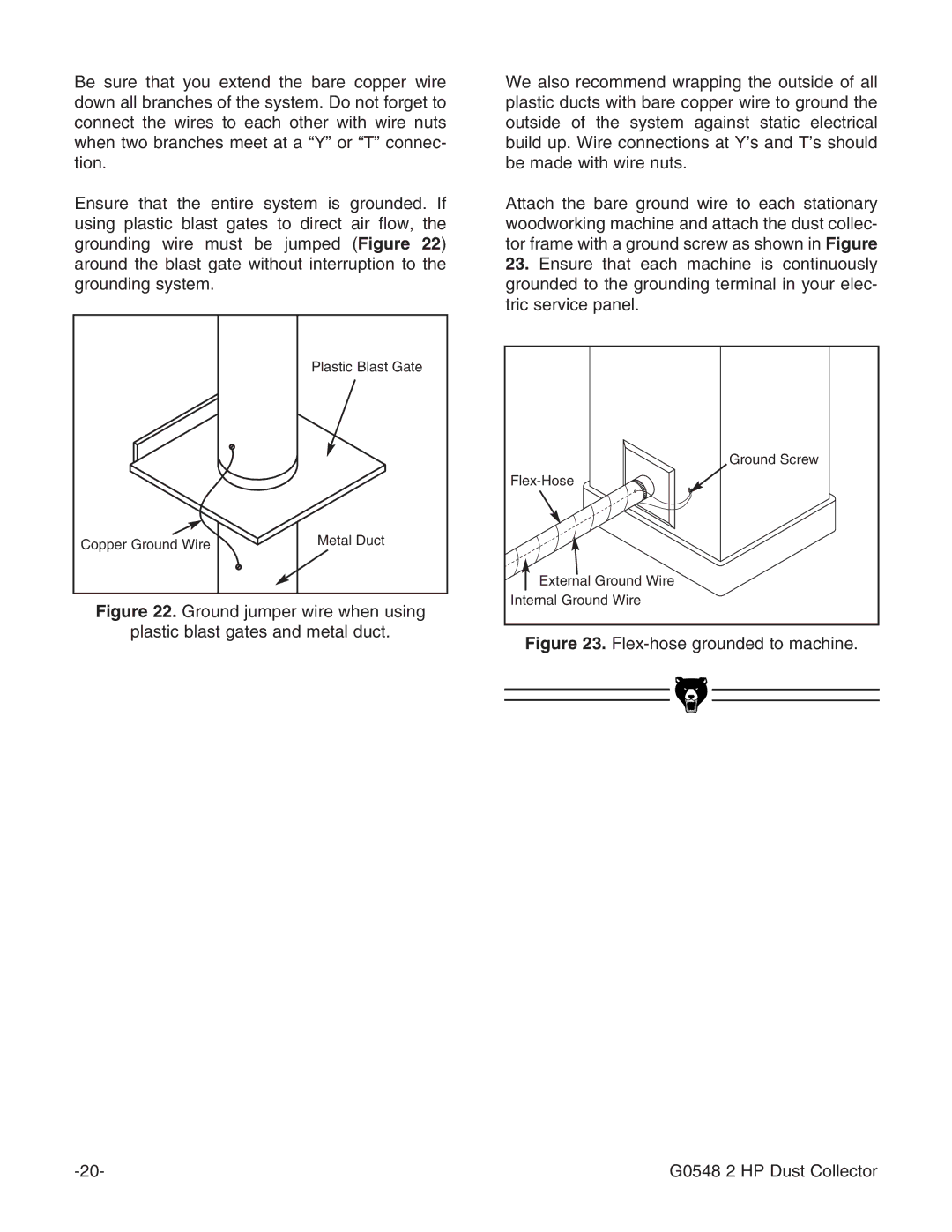 Grizzly instruction manual Flex-hose grounded to machine G0548 2 HP Dust Collector 