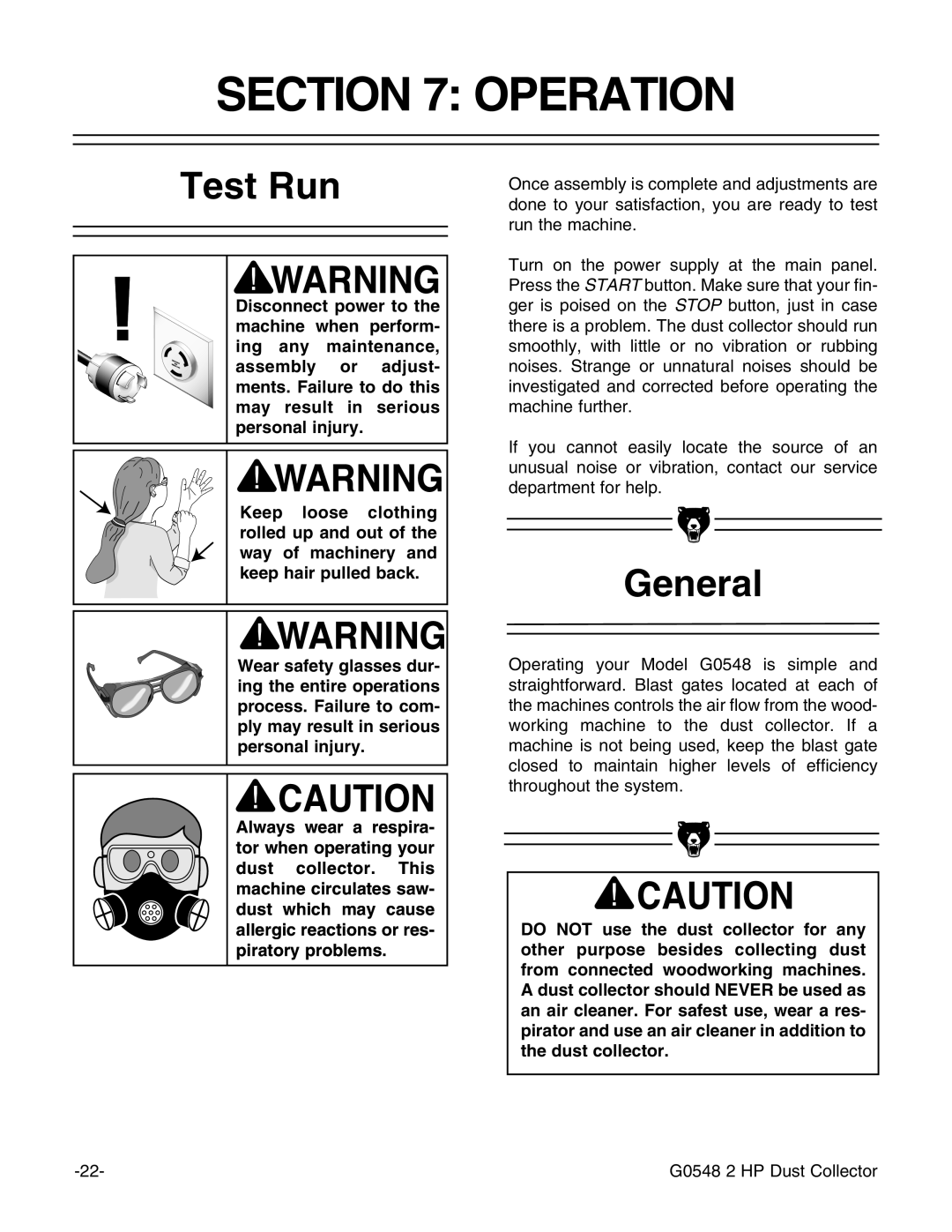 Grizzly G0548 instruction manual Operation, Test Run 