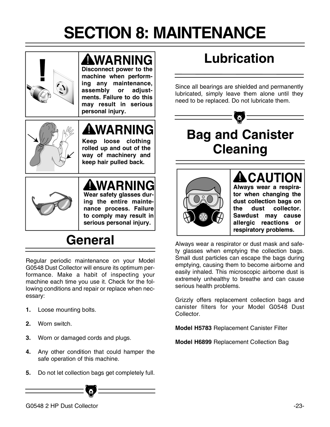 Grizzly G0548 instruction manual Maintenance, Lubrication, Bag and Canister Cleaning 