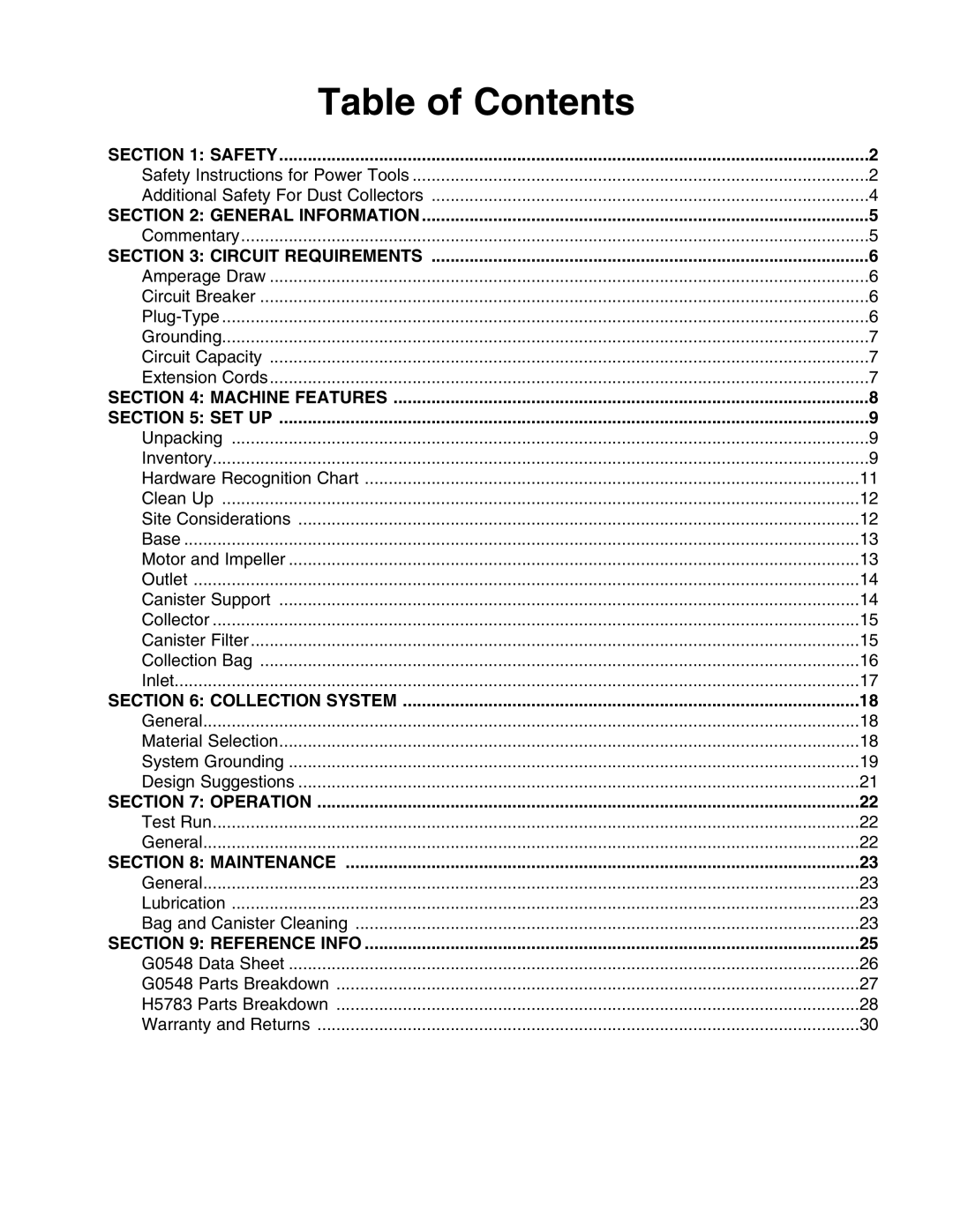 Grizzly G0548 instruction manual Table of Contents 