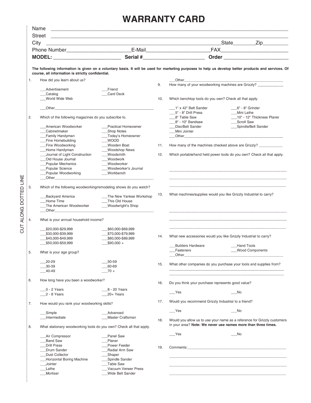 Grizzly G0548 instruction manual Warranty Card 