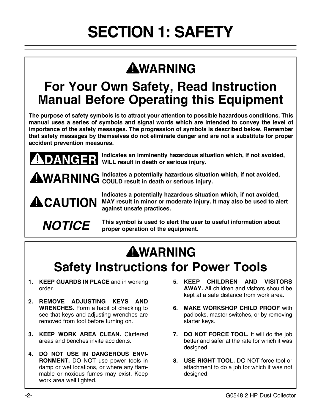 Grizzly G0548 instruction manual Safety Instructions for Power Tools 