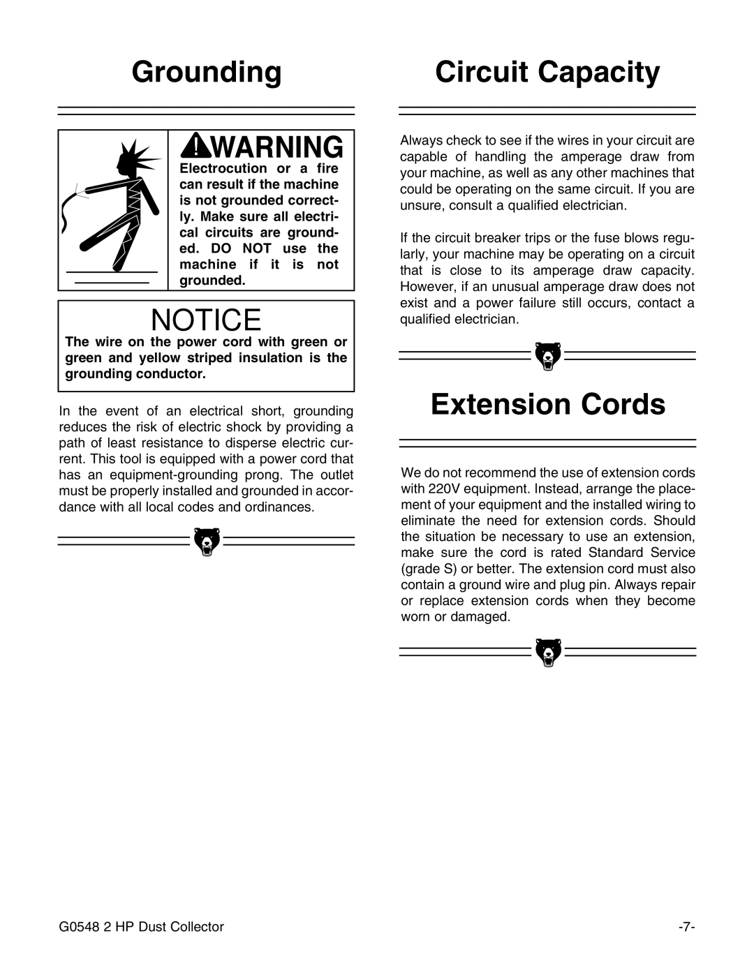 Grizzly G0548 instruction manual Grounding Circuit Capacity, Extension Cords 