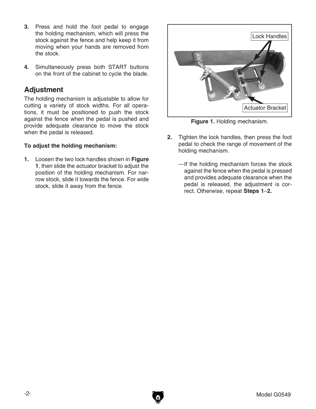 Grizzly G0549 manual Adjustment, To adjust the holding mechanism 