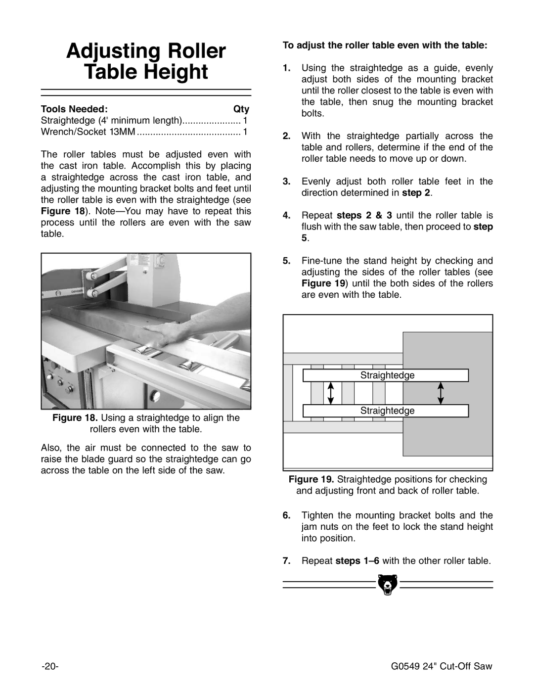 Grizzly G0549 manual $GMXVWLQJ5ROOHU 7DEOH+HLJKW 