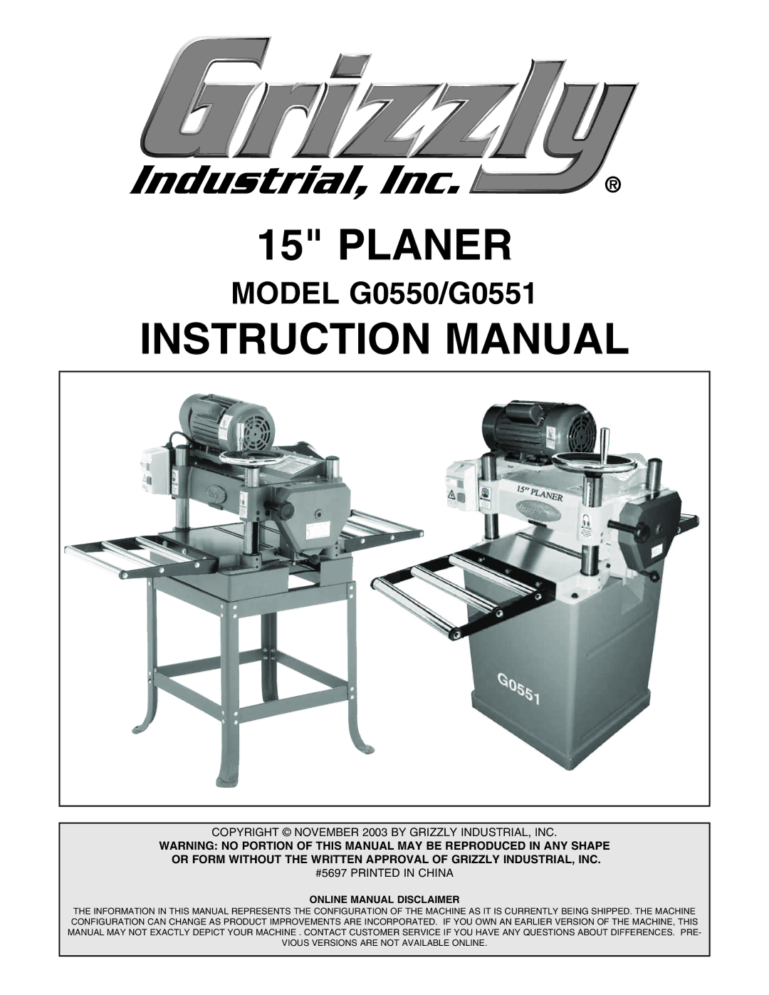 Grizzly instruction manual Planer, Model G0550/G0551 