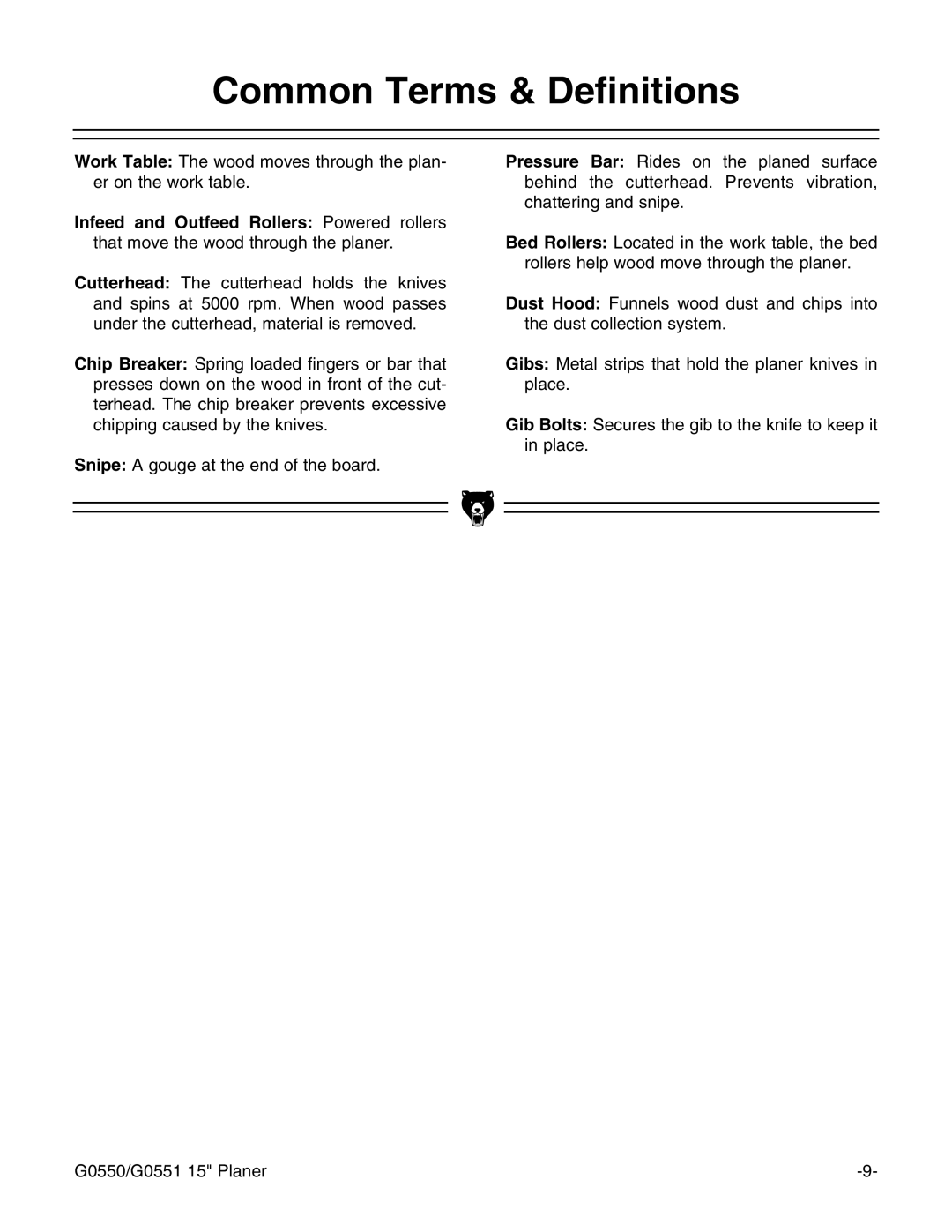 Grizzly G0550/G0551 instruction manual Common Terms & Definitions 