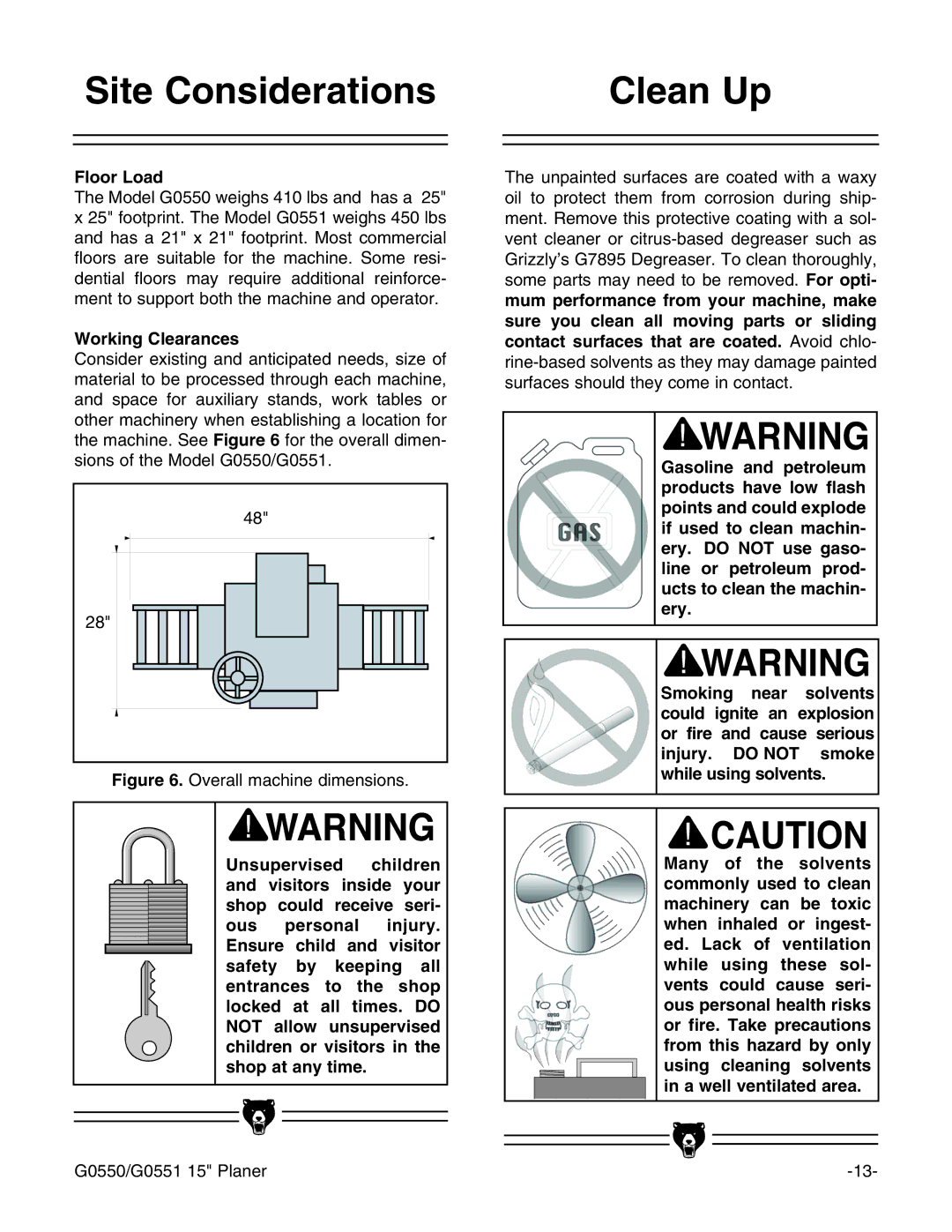 Grizzly G0550/G0551 instruction manual Site Considerations Clean Up, Floor Load, Working Clearances 