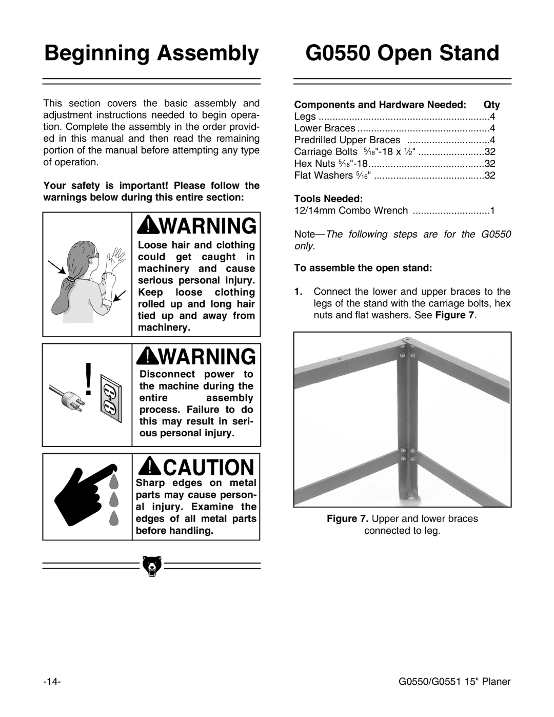 Grizzly G0550/G0551 instruction manual Beginning Assembly G0550 Open Stand, Tools Needed, To assemble the open stand 