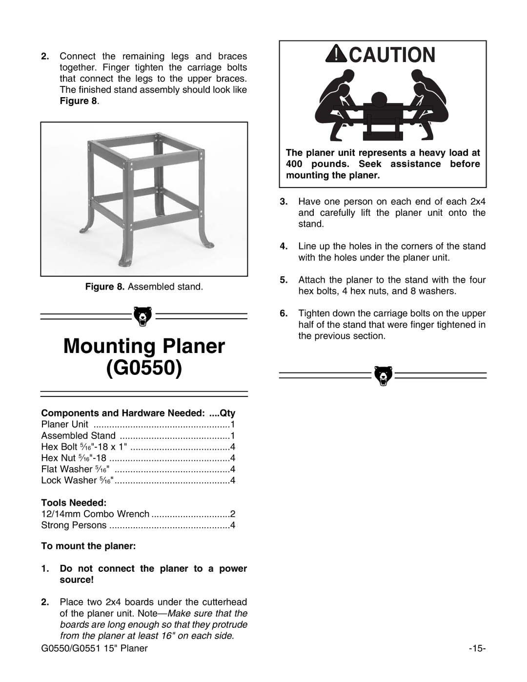 Grizzly G0550/G0551 instruction manual Mounting Planer G0550, Components and Hardware Needed Qty 