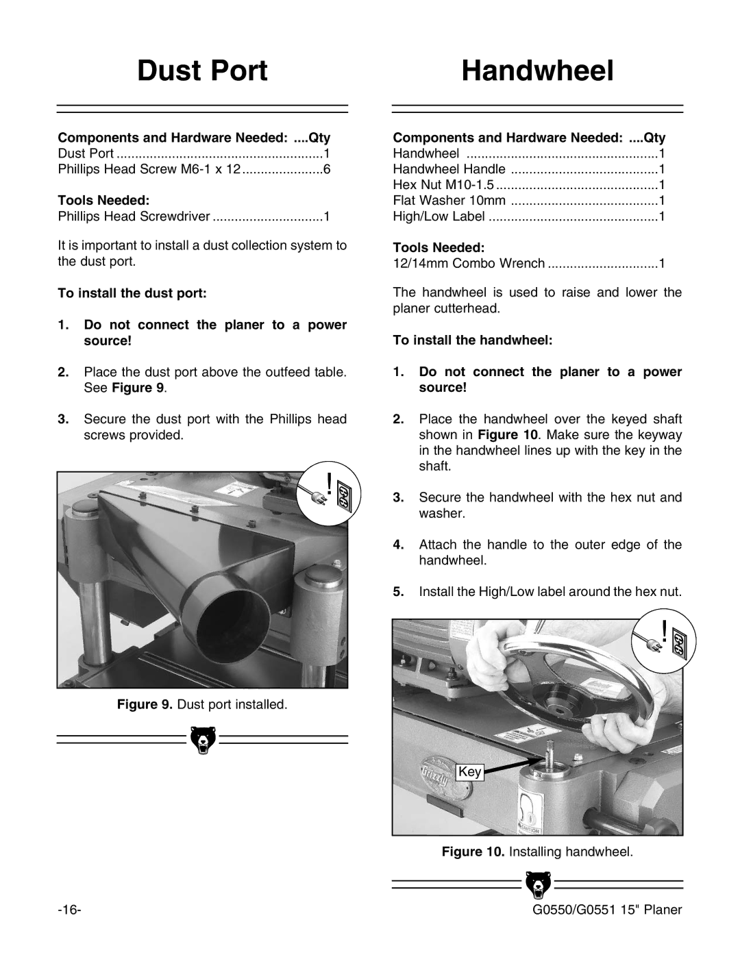 Grizzly G0550/G0551 instruction manual Dust Port Handwheel, Dust port installed 