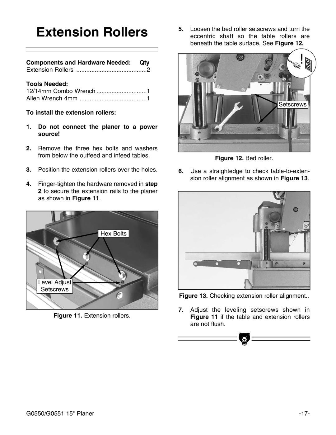 Grizzly G0550/G0551 instruction manual Extension Rollers, Bed roller 