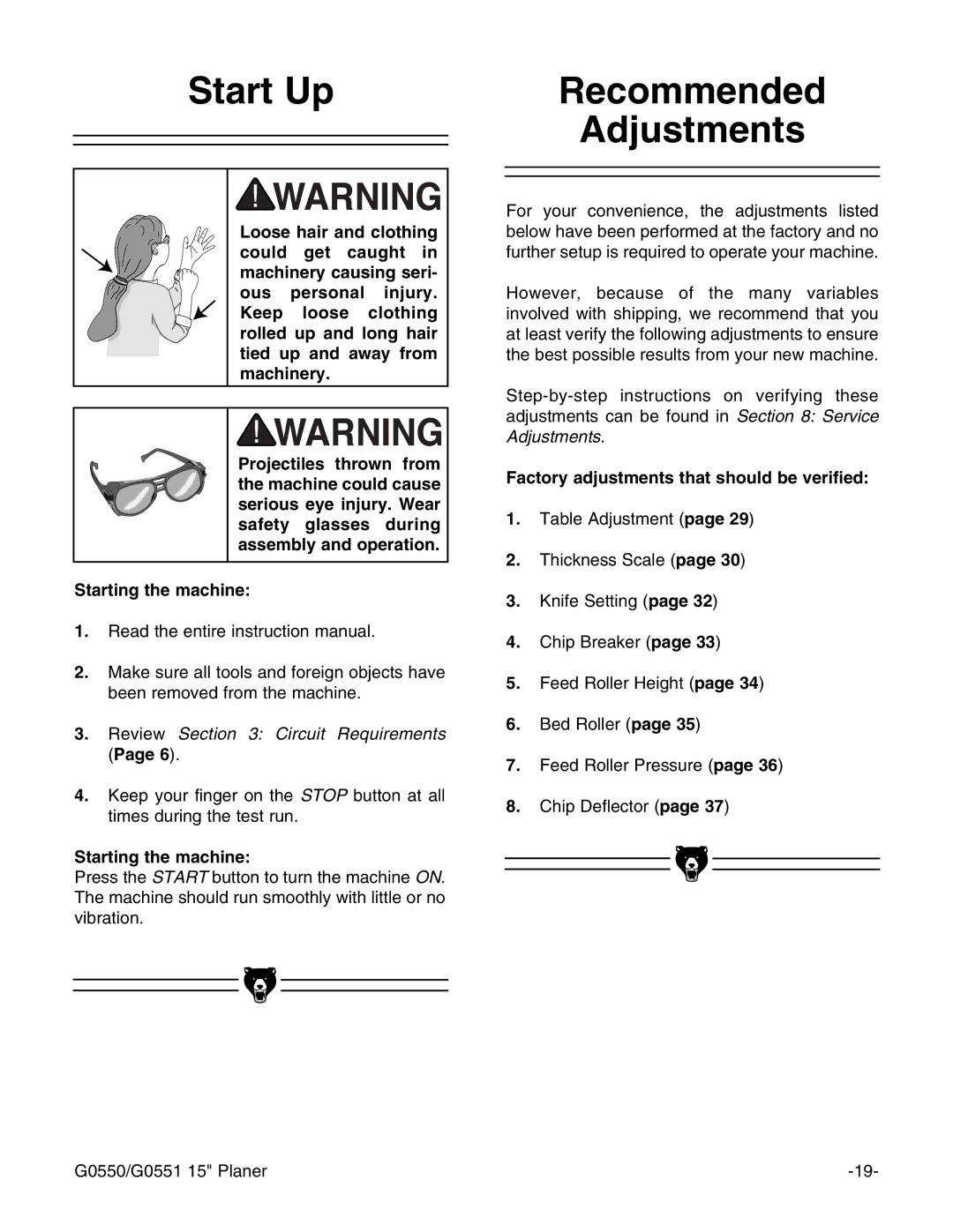 Grizzly G0550/G0551 instruction manual Start Up Recommended Adjustments, Factory adjustments that should be verified 