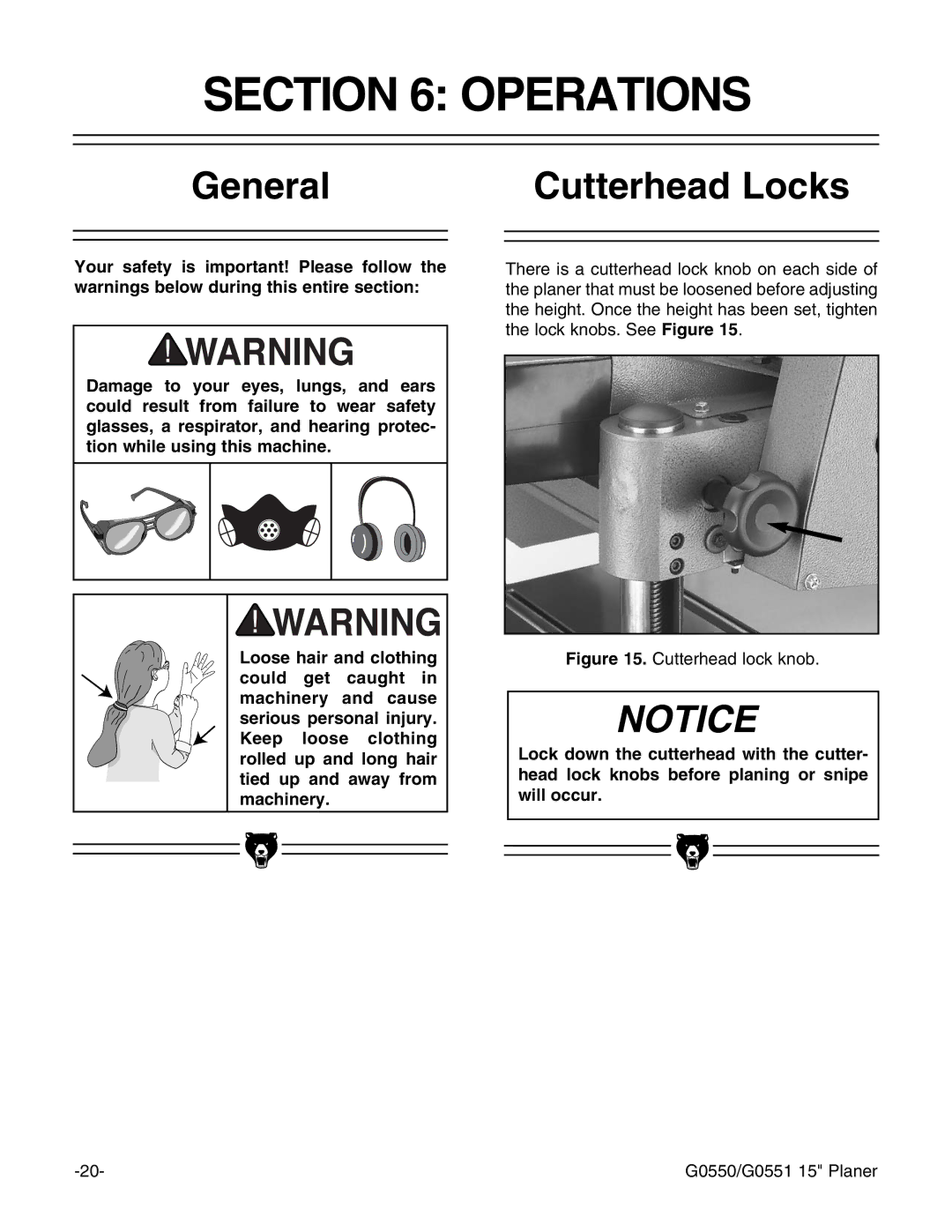 Grizzly G0550/G0551 instruction manual Operations, General Cutterhead Locks 