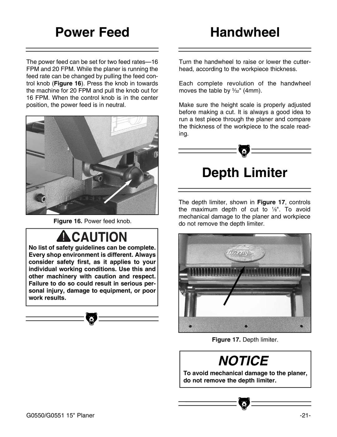 Grizzly G0550/G0551 instruction manual Power Feed Handwheel, Depth Limiter 