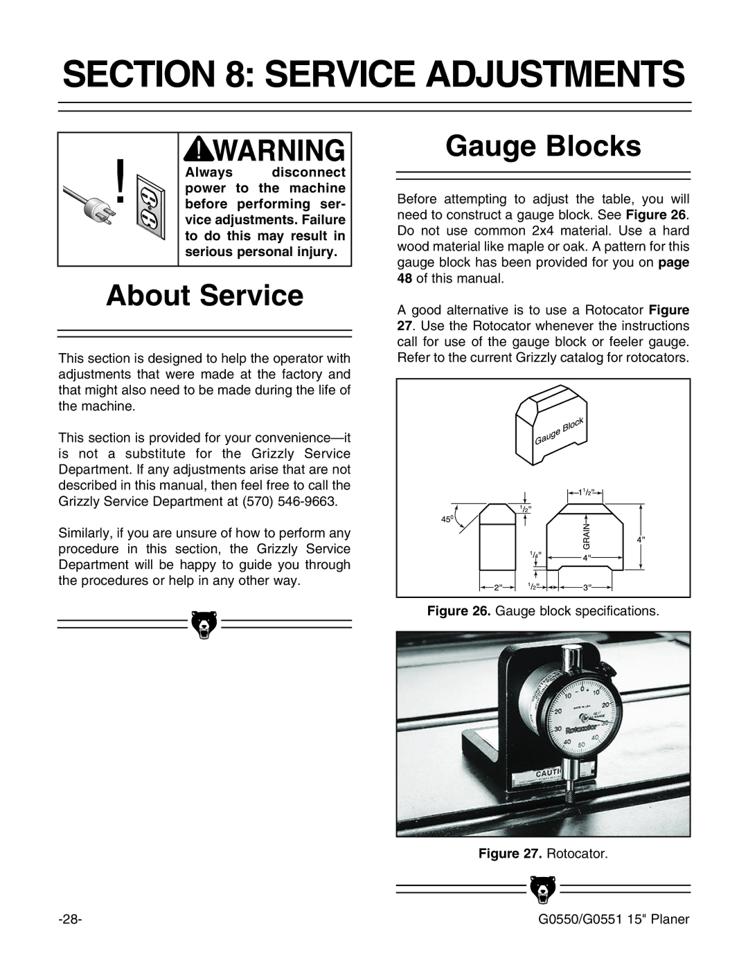 Grizzly G0550/G0551 instruction manual Service Adjustments, About Service, Gauge Blocks 