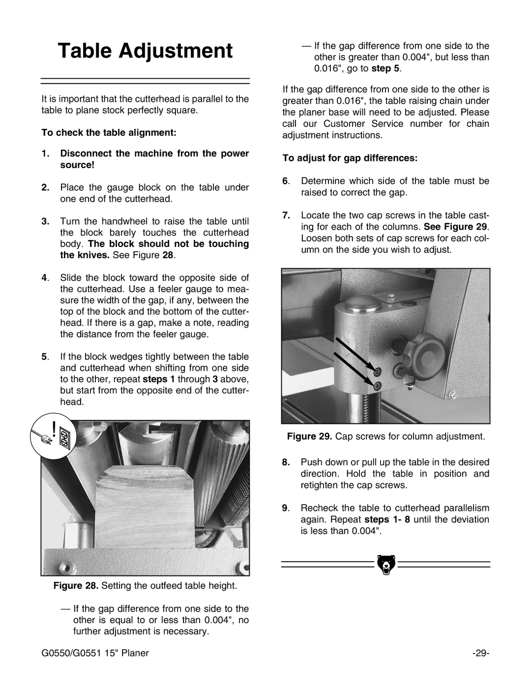 Grizzly G0550/G0551 instruction manual Table Adjustment, To adjust for gap differences 