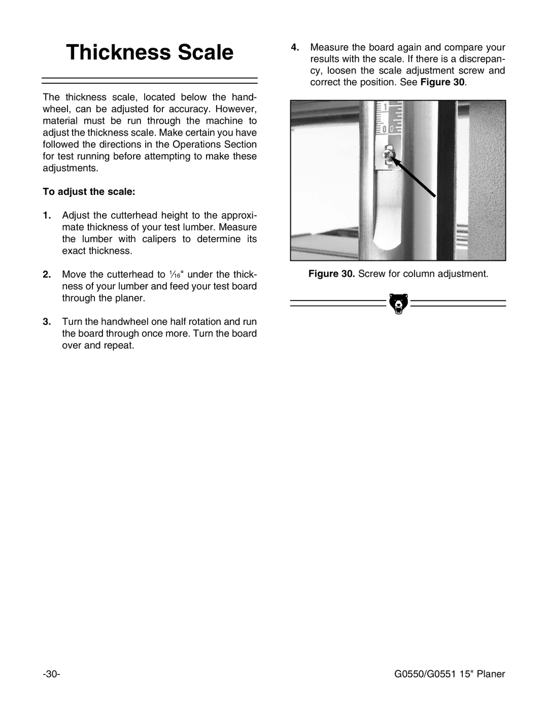 Grizzly G0550/G0551 instruction manual Thickness Scale, To adjust the scale 