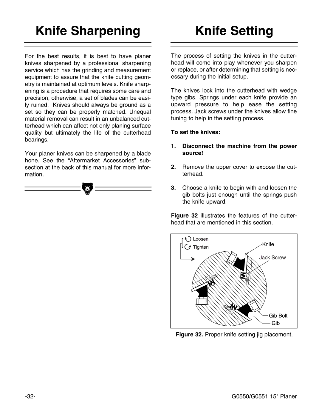 Grizzly G0550/G0551 instruction manual Knife Sharpening, Knife Setting 