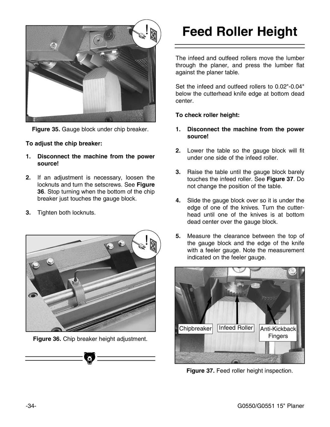 Grizzly G0550/G0551 instruction manual Feed Roller Height, Gauge block under chip breaker 