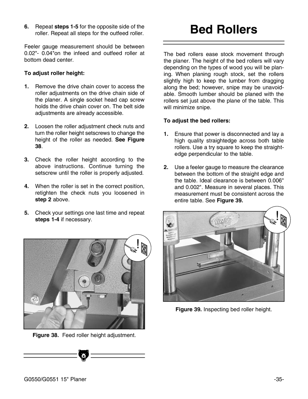 Grizzly G0550/G0551 instruction manual Bed Rollers, To adjust roller height, To adjust the bed rollers 