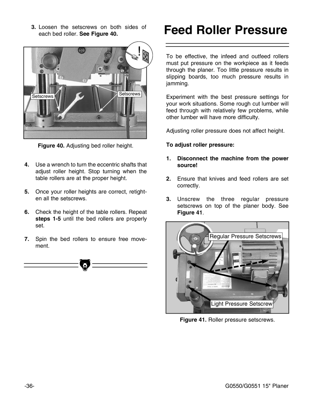 Grizzly instruction manual Feed Roller Pressure, Roller pressure setscrews G0550/G0551 15 Planer 