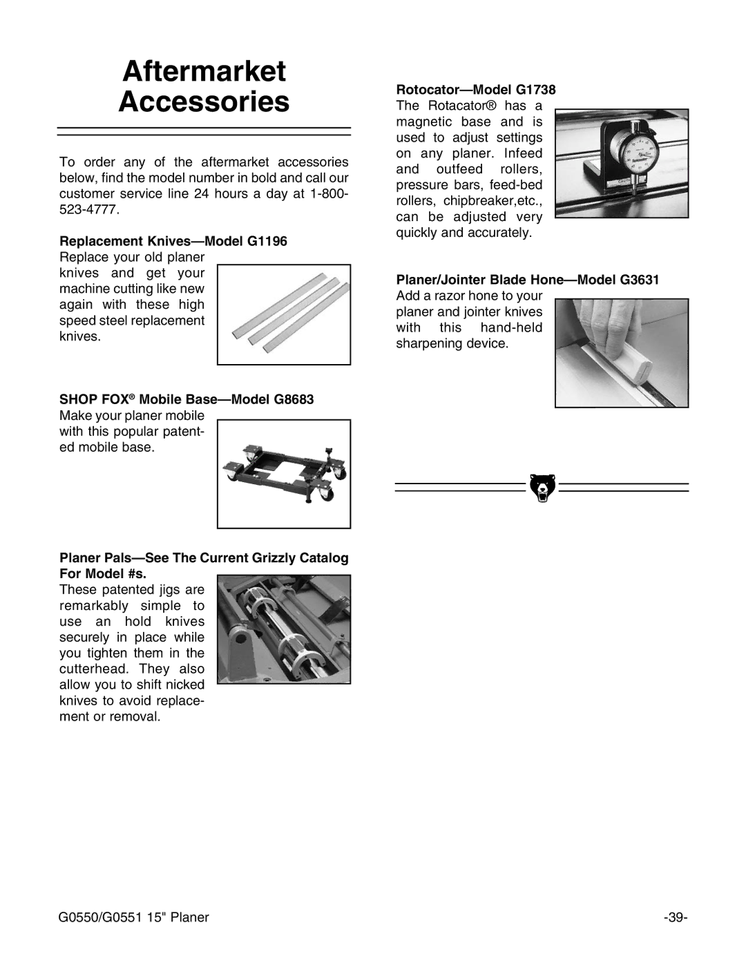 Grizzly G0550/G0551 instruction manual Aftermarket Accessories, Planer Pals-See The Current Grizzly Catalog For Model #s 