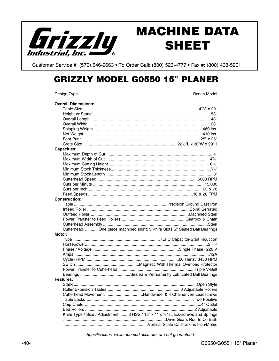 Grizzly G0550/G0551 instruction manual Machine Data Sheet 