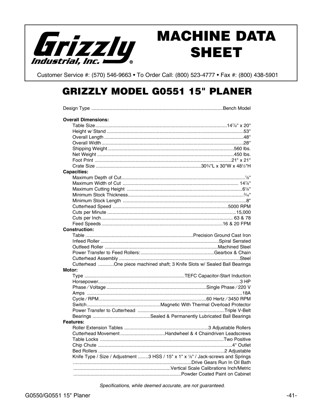 Grizzly G0550/G0551 instruction manual Grizzly Model G0551 15 Planer 